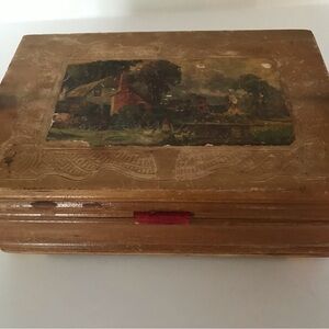 Vintage Wooden Box with Scenic Artwork